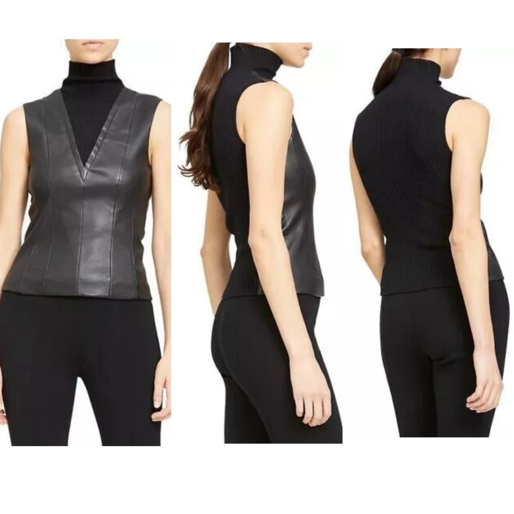 Theory Urban ST Lamb Leather Sleeveless Ribbed Top Womens Size Small Black NEW‎